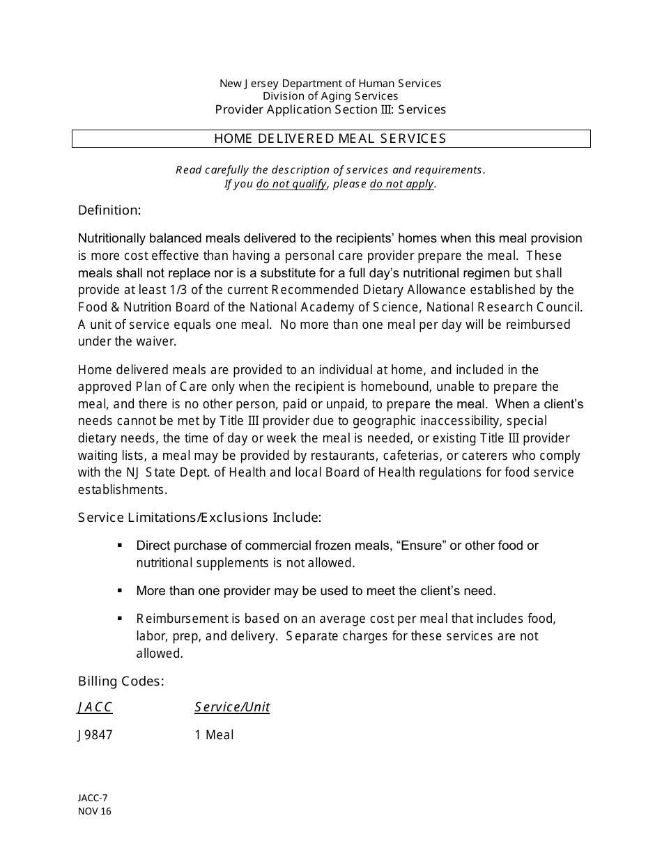 Form JACC-7 Section III Jacc Provider Application: Home Delivered Meal Services - New Jersey, Page 1