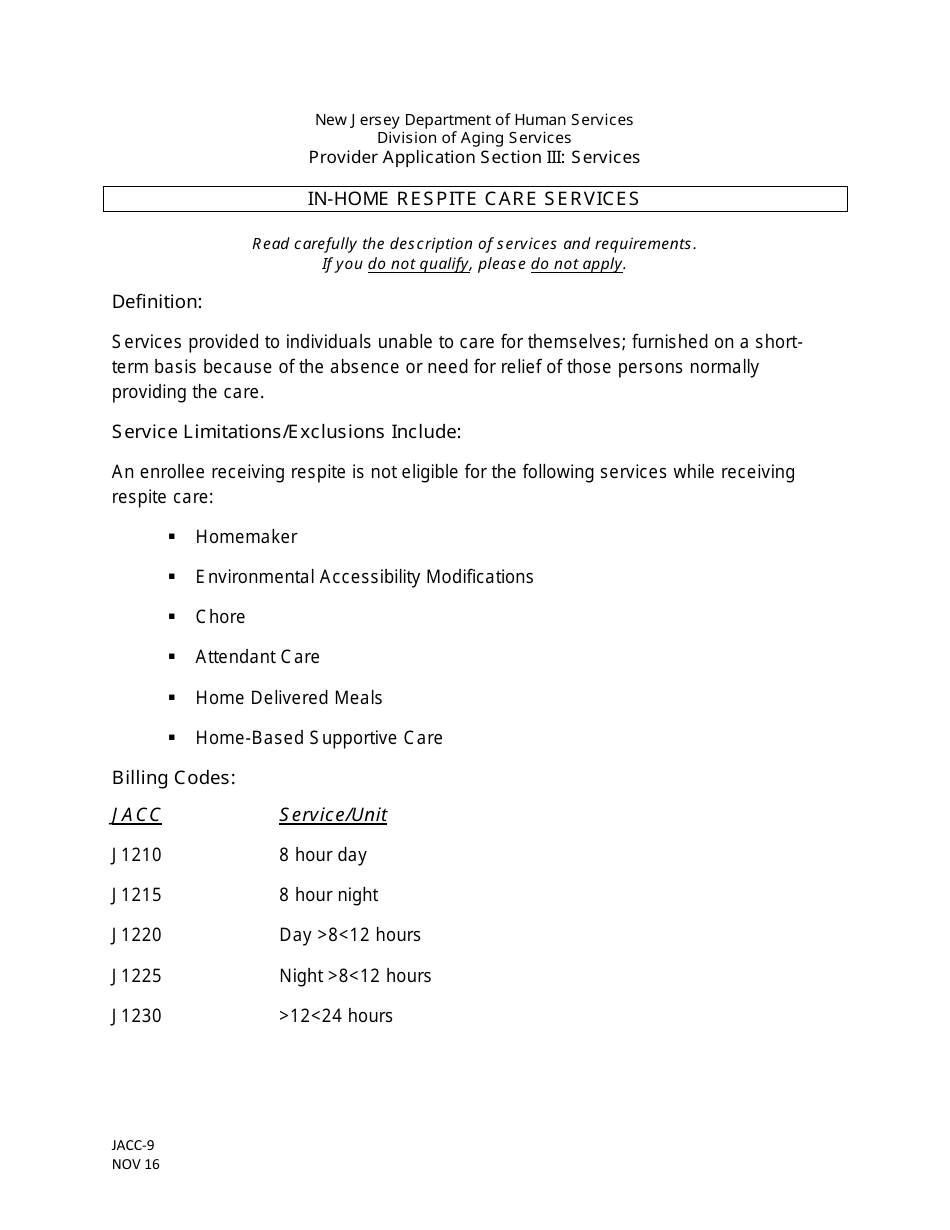 Form JACC-9 Jacc Provider Application, Section Iii: in-Home Respite Care Services - New Jersey, Page 1