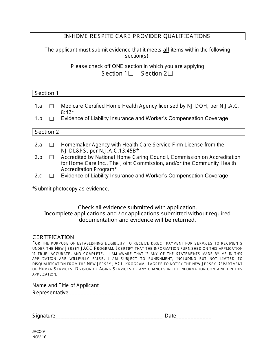 Form JACC-9 Jacc Provider Application, Section Iii: in-Home Respite Care Services - New Jersey, Page 2