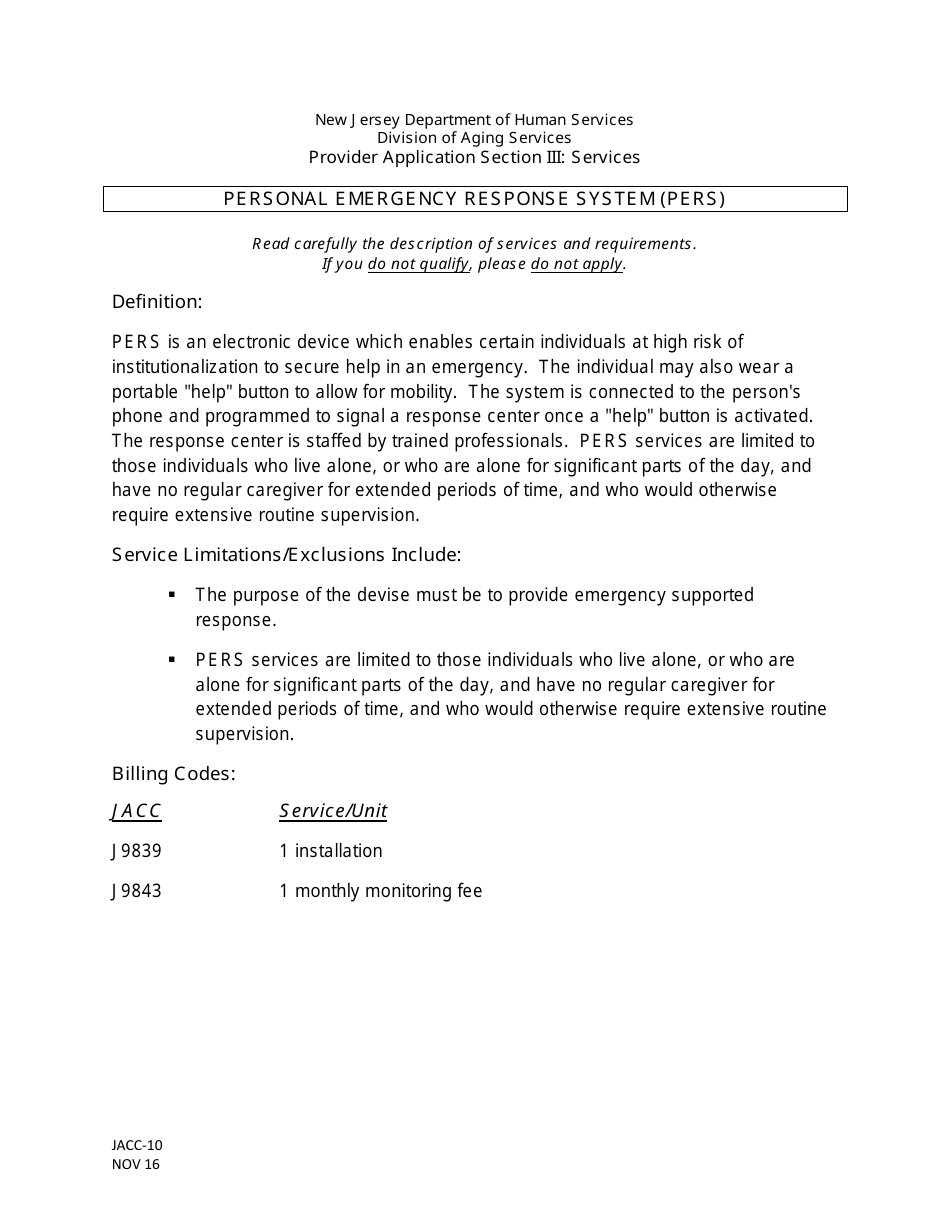 Form JACC-10 Jacc Provider Application, Section Iii: Personal Emergency Response System (Pers) - New Jersey, Page 1