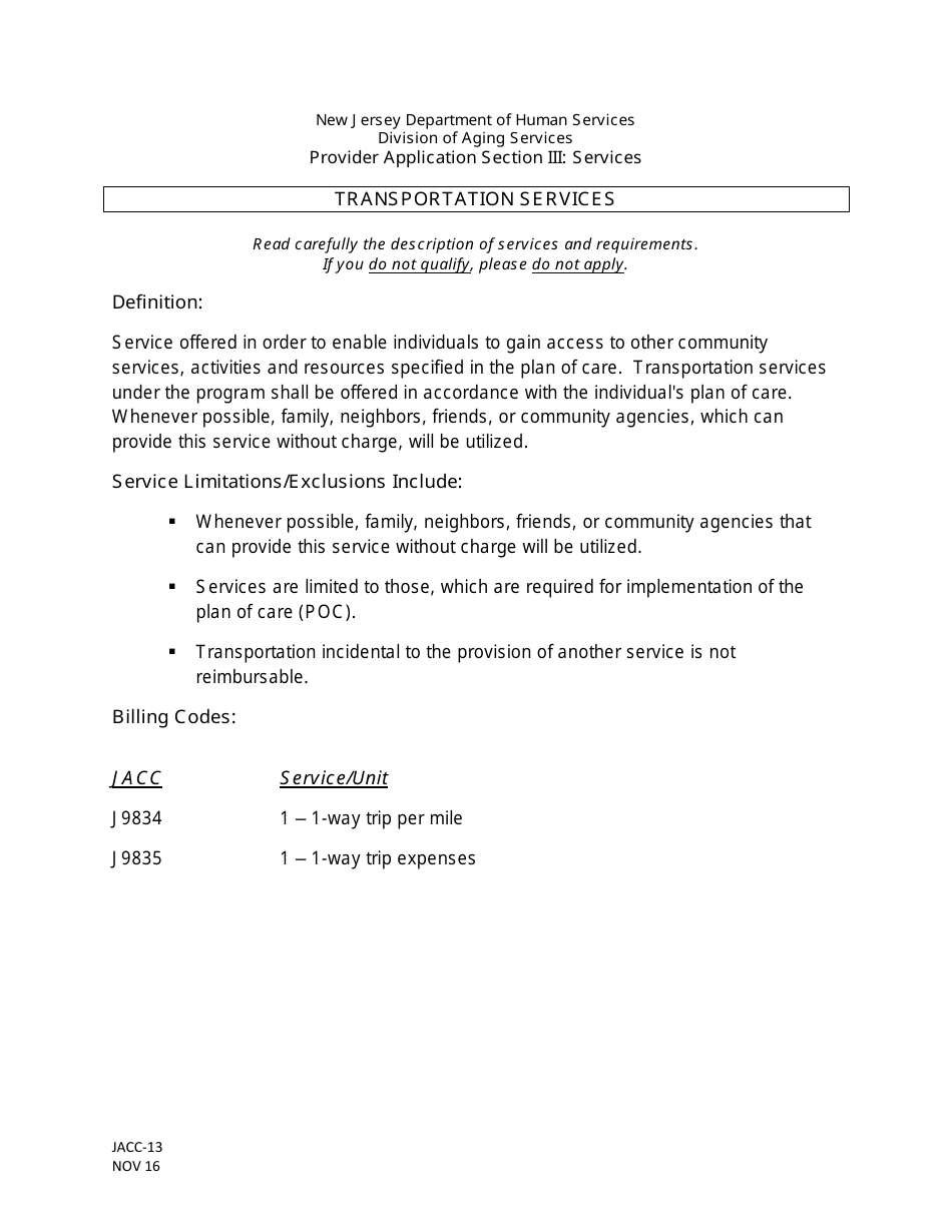 Form JACC-13 Jacc Provider Application, Section Iii: Transportation Services - New Jersey, Page 1