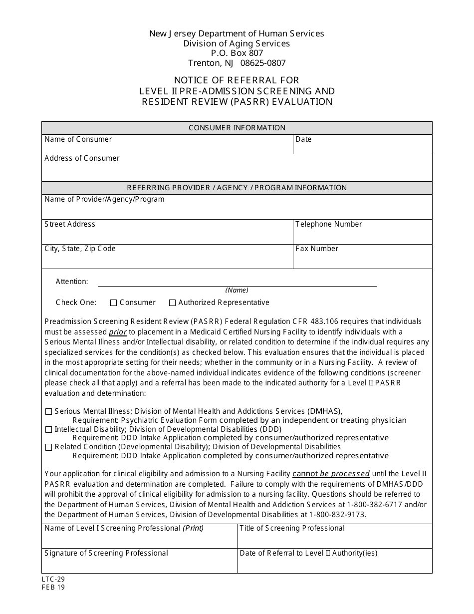 Form LTC-29 Notice of Referral Forlevel II Pre-admission Screening Andresident Review (Pasrr) Evaluation - New Jersey, Page 1