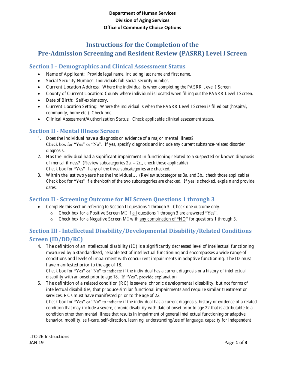 Instructions for Form LTC-26 Pre-admission Screening and Resident Review (Pasrr) Level I Screening Tool - New Jersey, Page 1