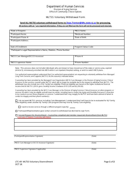 Form LTC-49 Mltss Voluntary Withdrawal Form - New Jersey