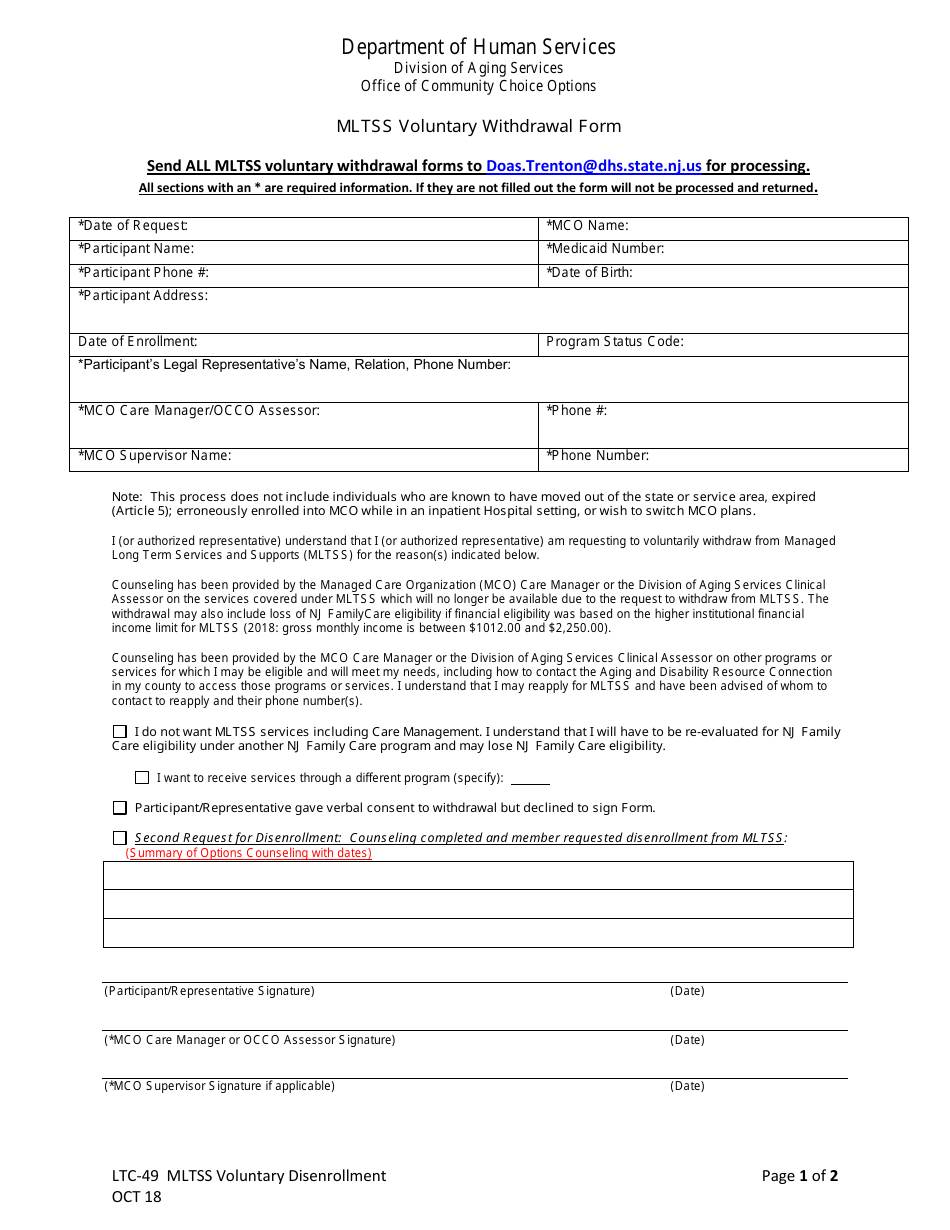 Form LTC-49 Mltss Voluntary Withdrawal Form - New Jersey, Page 1
