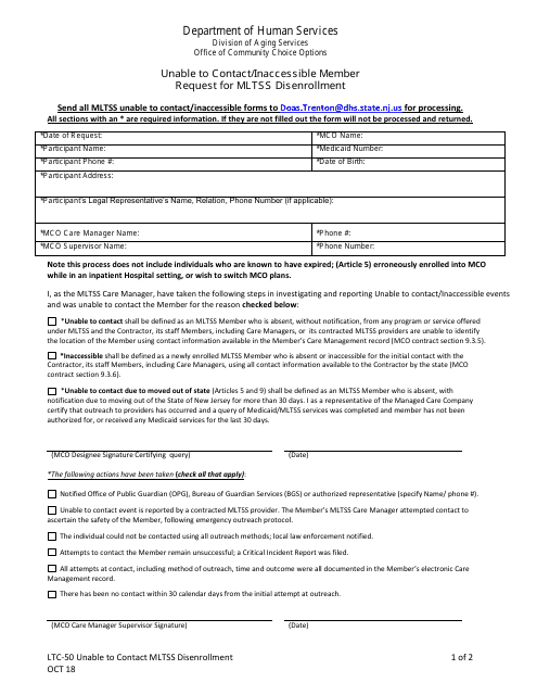 Form LTC-50 Unable to Contact/Inaccessible Member Request for Mltss Disenrollment - New Jersey