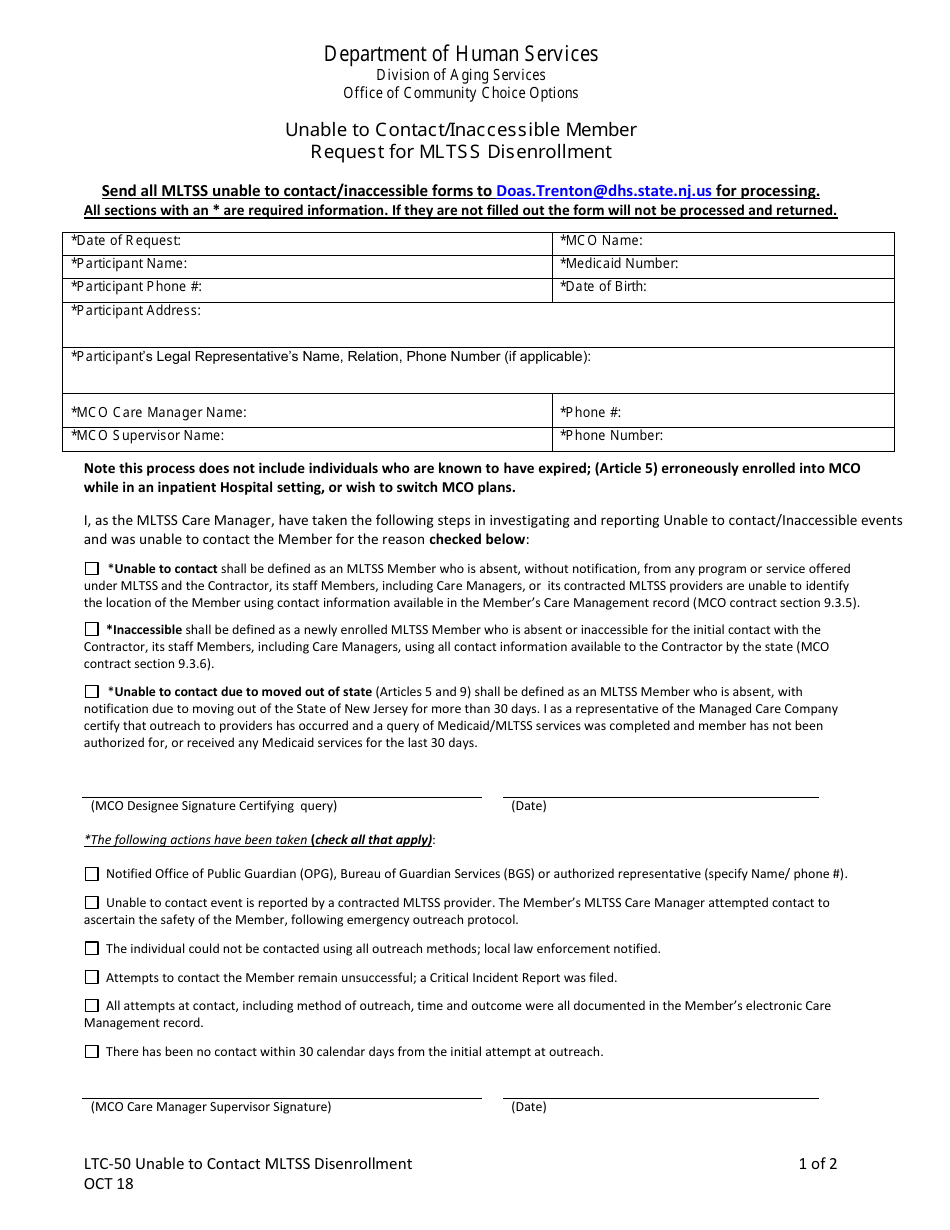 Form LTC-50 Unable to Contact / Inaccessible Member Request for Mltss Disenrollment - New Jersey, Page 1
