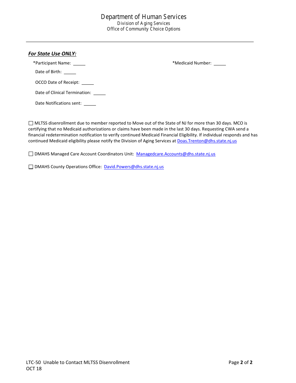 Form LTC-50 Unable to Contact / Inaccessible Member Request for Mltss Disenrollment - New Jersey, Page 2