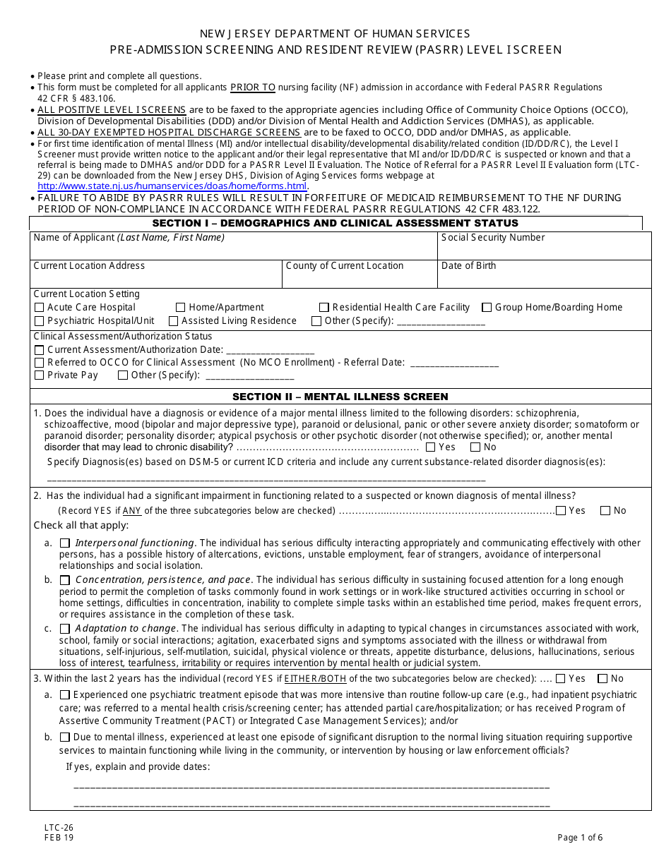 Form LTC-26 Pre-admission Screening and Resident Review (Pasrr) Level I Screen - New Jersey, Page 1