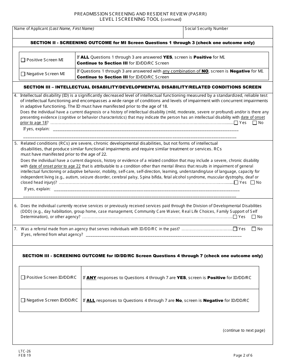 Form LTC-26 Pre-admission Screening and Resident Review (Pasrr) Level I Screen - New Jersey, Page 2