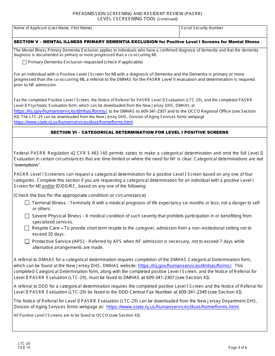 Form LTC-26 Pre-admission Screening and Resident Review (Pasrr) Level I Screen - New Jersey, Page 4
