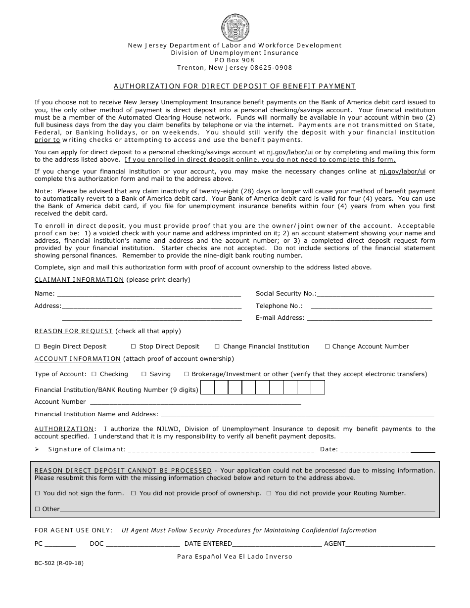 Form BC-502 Authorization for Direct Deposit of Benefit Payment - New Jersey (English / Spanish), Page 1