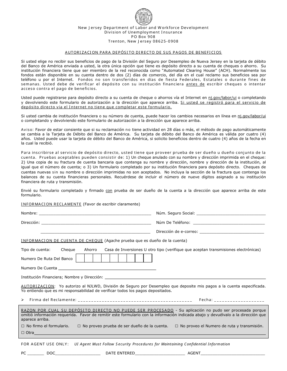 Form BC-502 Authorization for Direct Deposit of Benefit Payment - New Jersey (English / Spanish), Page 2