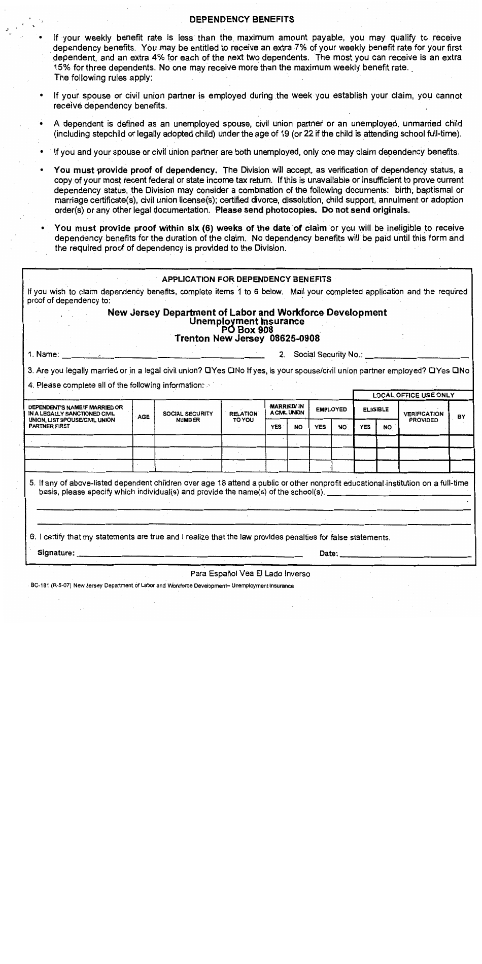 Form BC-181 Application for Dependency Benefits - New Jersey (English / Spanish), Page 1