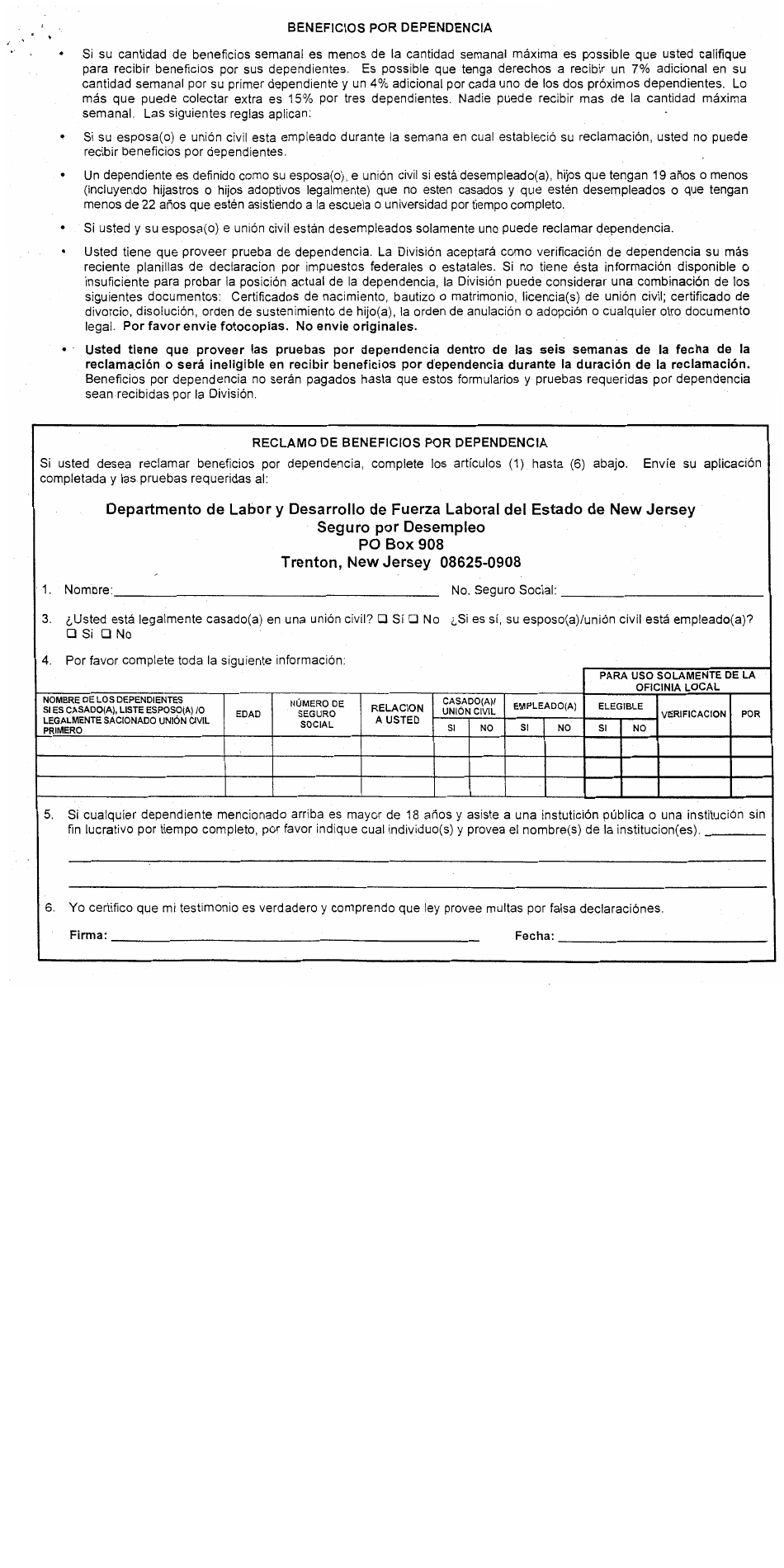 Form BC-181 Application for Dependency Benefits - New Jersey (English / Spanish), Page 2
