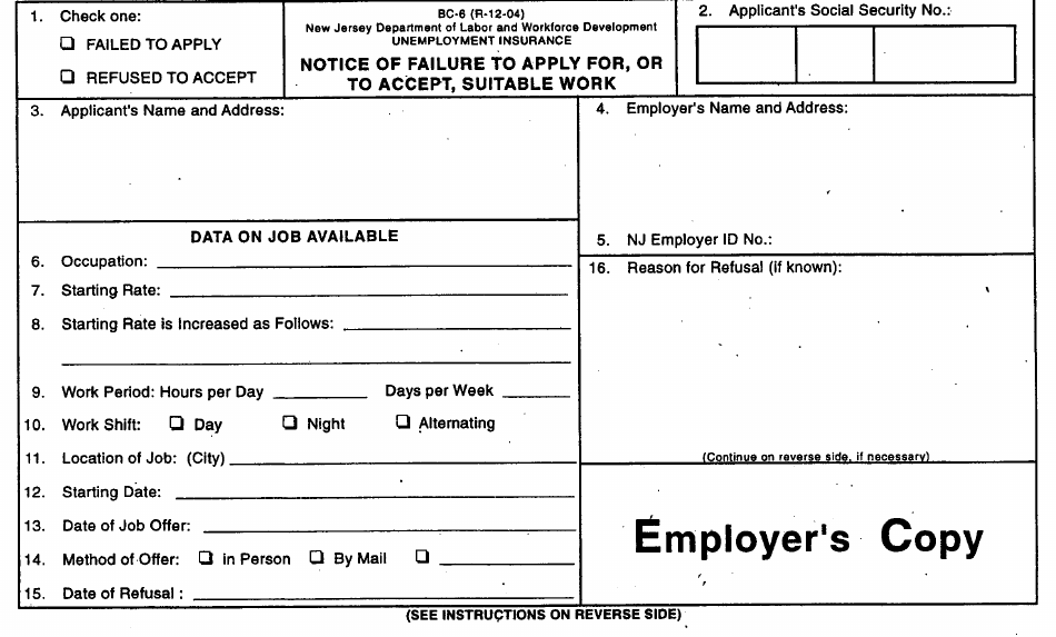 Form BC-6 Notice of Failure to Apply for, or to Accept, Suitable Work - New Jersey, Page 1