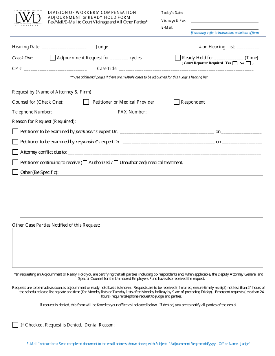 New Jersey Adjournment or Ready Hold Form Download Fillable PDF ...