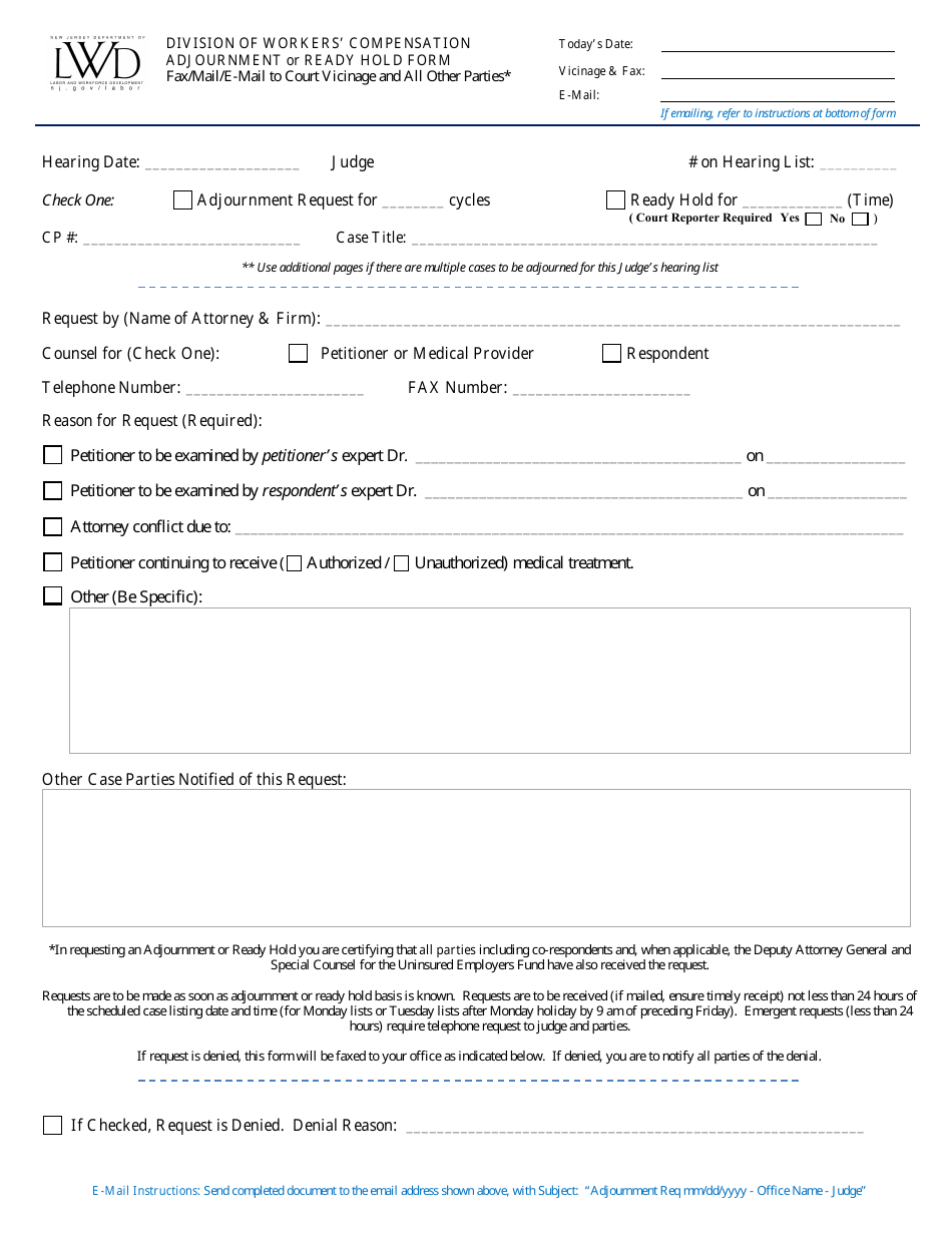 Adjournment or Ready Hold Form - New Jersey, Page 1