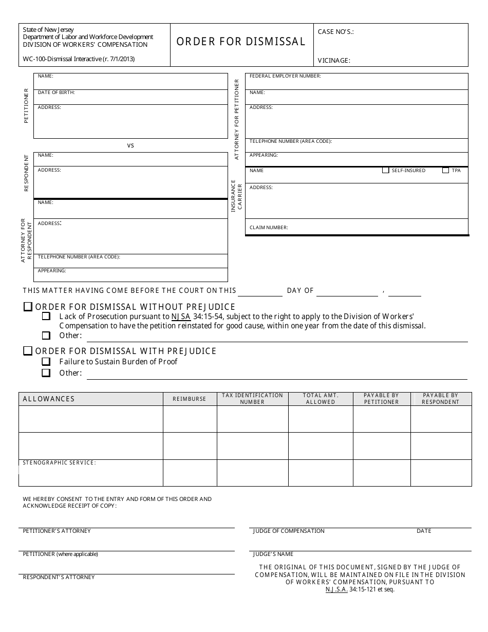 Form WC-100 Order for Dismissal - New Jersey, Page 1