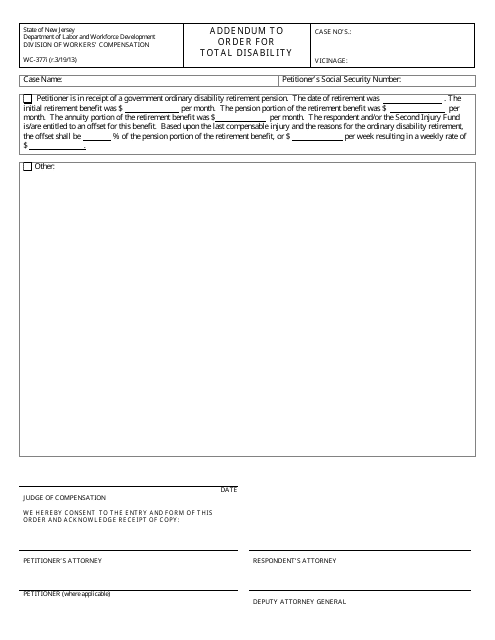 Form WC-377I Addendum to Order for Total Disability - New Jersey