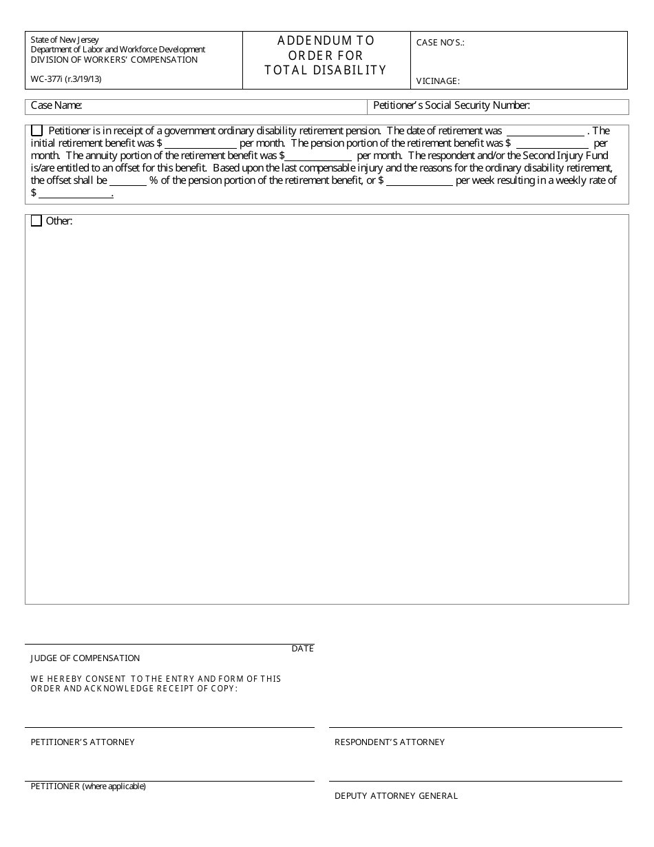 Form WC-377I Addendum to Order for Total Disability - New Jersey, Page 1