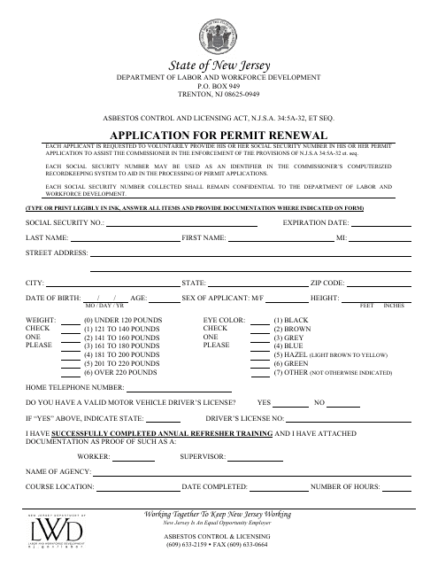 Form ACL-5 Application for Permit Renewal - New Jersey