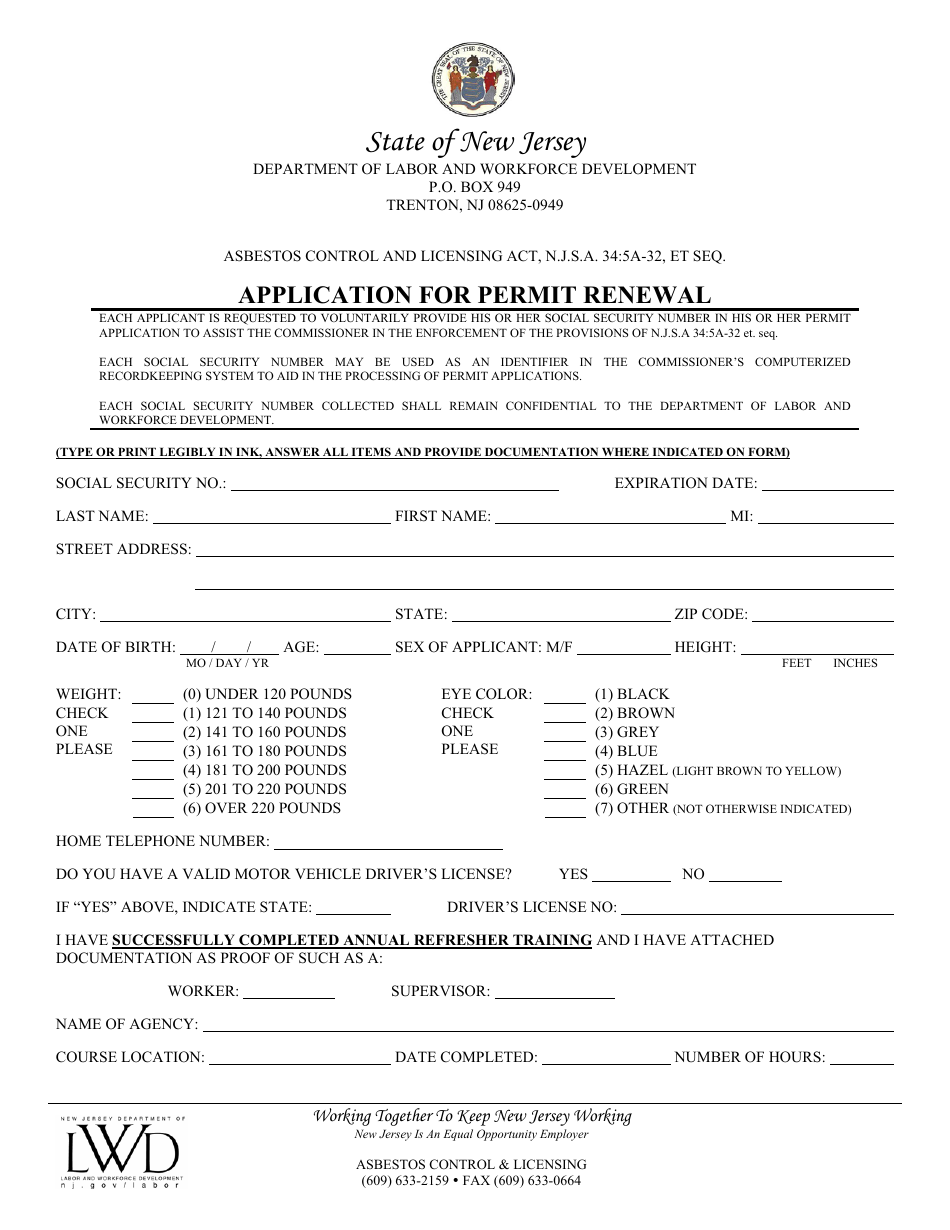 Form ACL-5 Application for Permit Renewal - New Jersey, Page 1