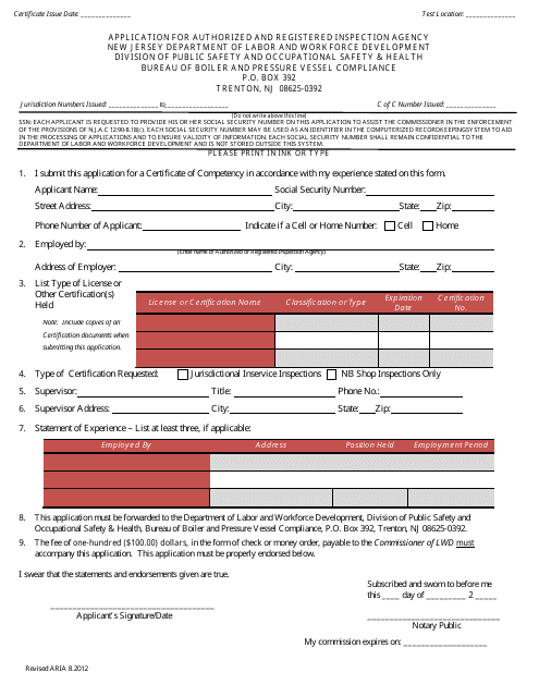 Application for Authorized and Registered Inspection Agency - New Jersey Download Pdf