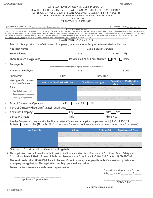 Application for Owner-User Inspector - New Jersey Download Pdf