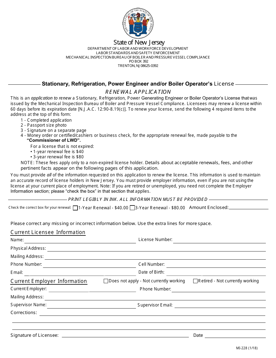 Form MI-228 Stationary, Refrigeration, Power Engineer and / or Boiler Operators License Renewal Application - New Jersey, Page 1