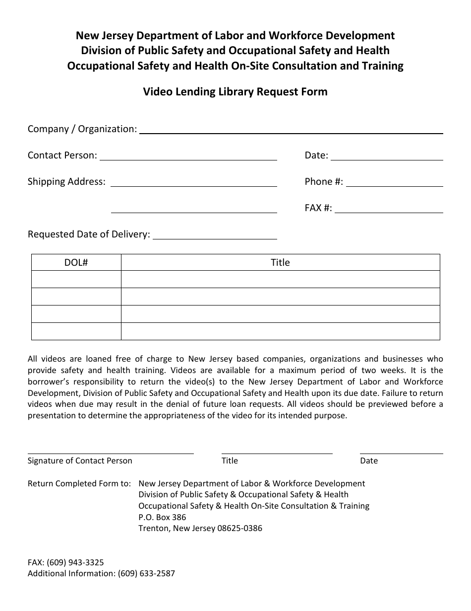 Video Lending Library Request Form - New Jersey, Page 1