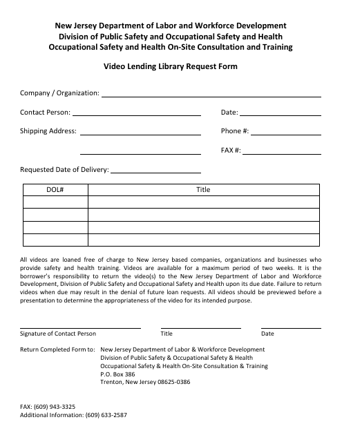 Video Lending Library Request Form - New Jersey Download Pdf