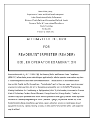 Document preview: Affidavit of Record for Reader/Interpreter (Reader) Boiler Operator Examination - New Jersey