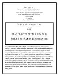 Affidavit of Record for Reader/Interpreter (Reader) Boiler Operator Examination - New Jersey