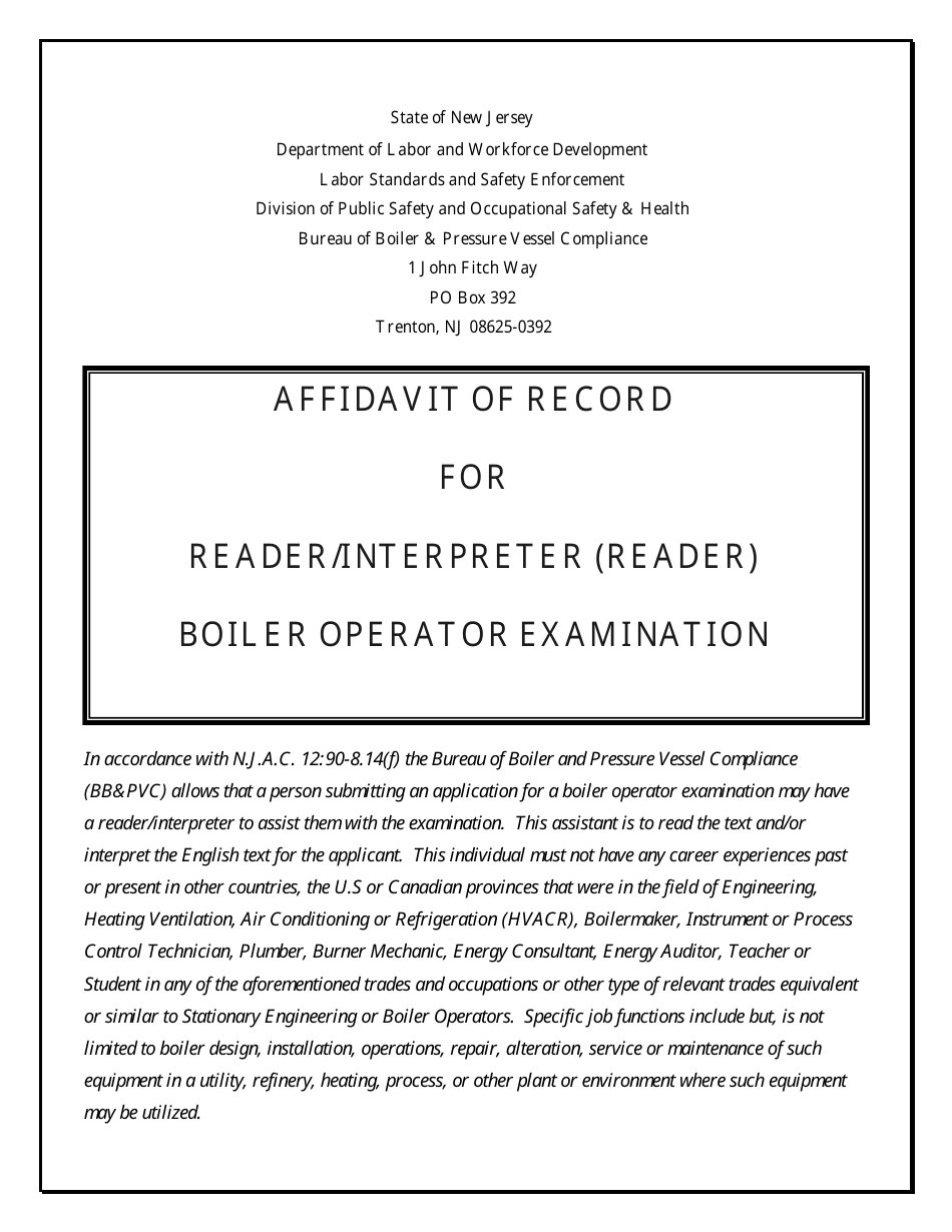 Affidavit of Record for Reader / Interpreter (Reader) Boiler Operator Examination - New Jersey, Page 1