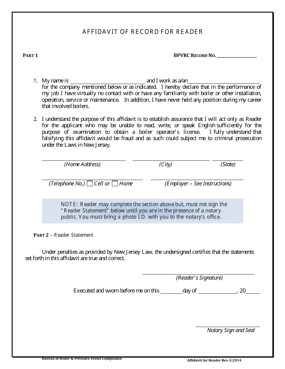 Affidavit of Record for Reader / Interpreter (Reader) Boiler Operator Examination - New Jersey, Page 3