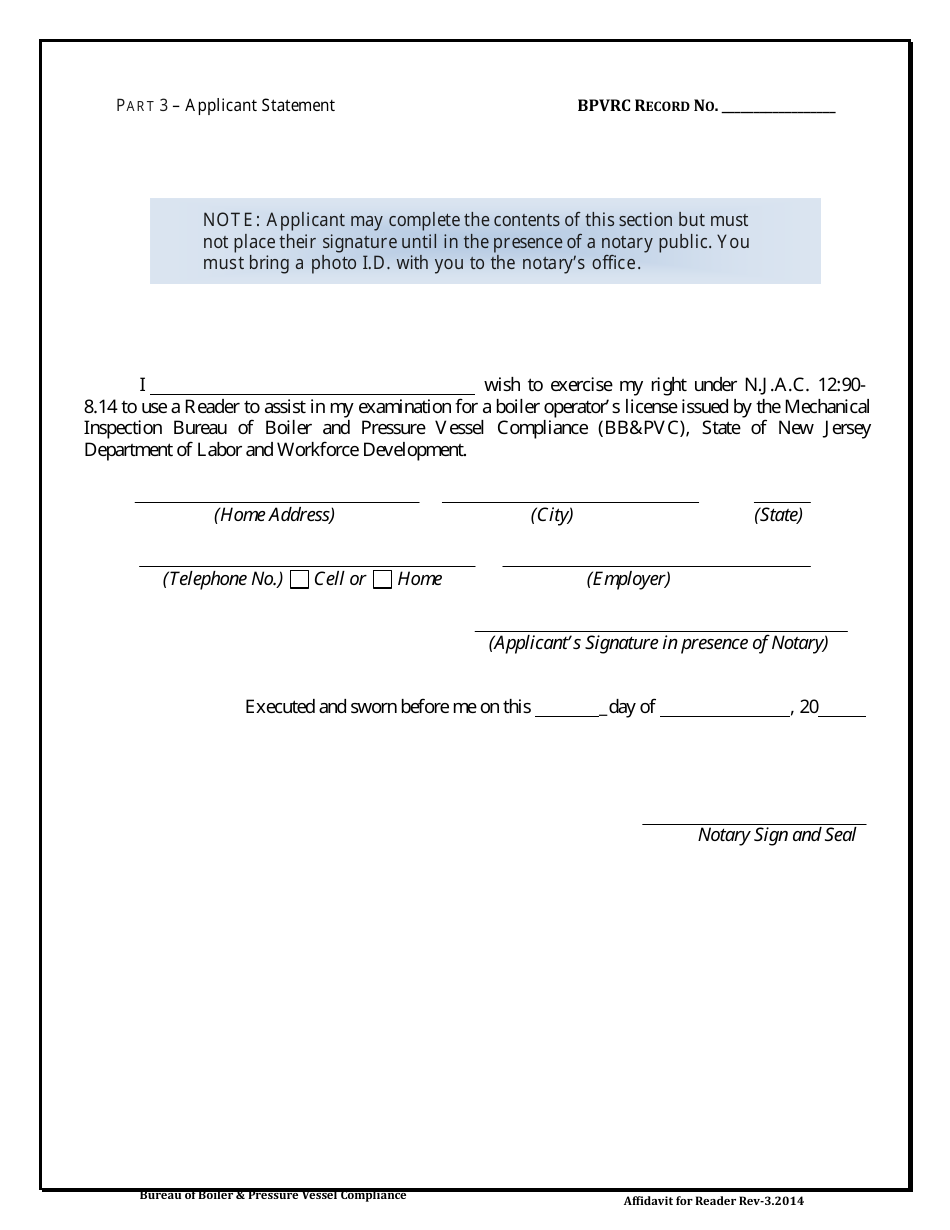 Affidavit of Record for Reader / Interpreter (Reader) Boiler Operator Examination - New Jersey, Page 4