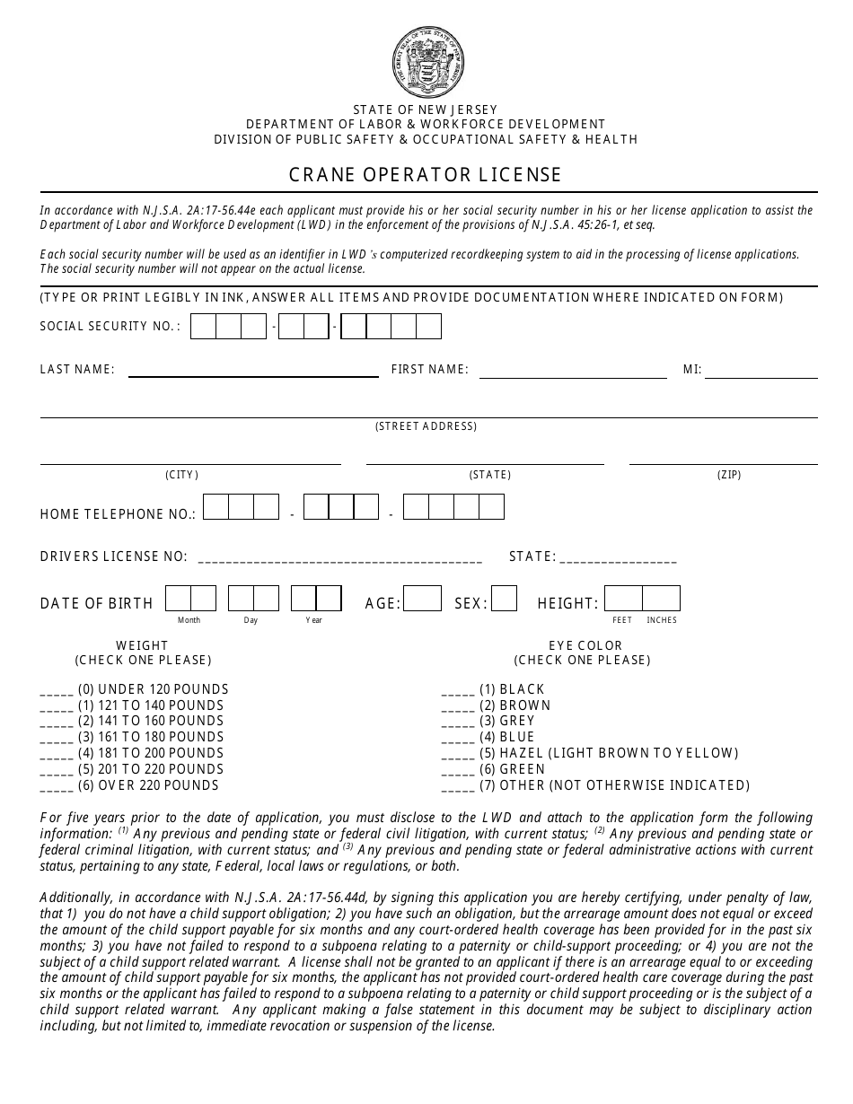 Crane Operator License - New Jersey, Page 1
