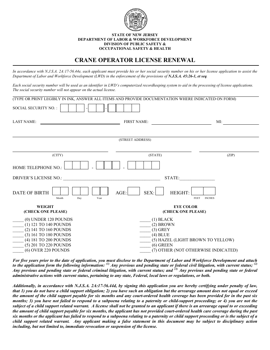 Crane Operator License Renewal - New Jersey, Page 1