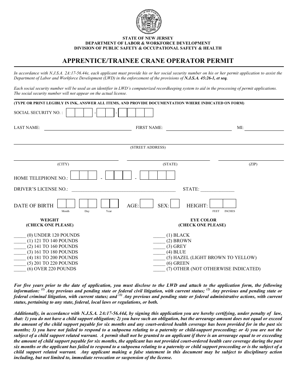 Apprentice / Trainee Crane Operator Permit - New Jersey, Page 1