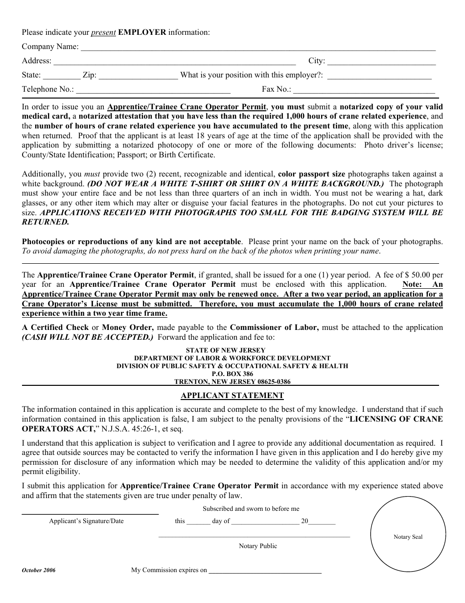 New Jersey Apprentice/Trainee Crane Operator Permit Download Printable ...