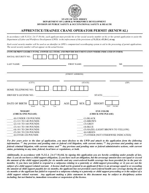 Apprentice / Trainee Crane Operator Permit (Renewal) - New Jersey Download Pdf