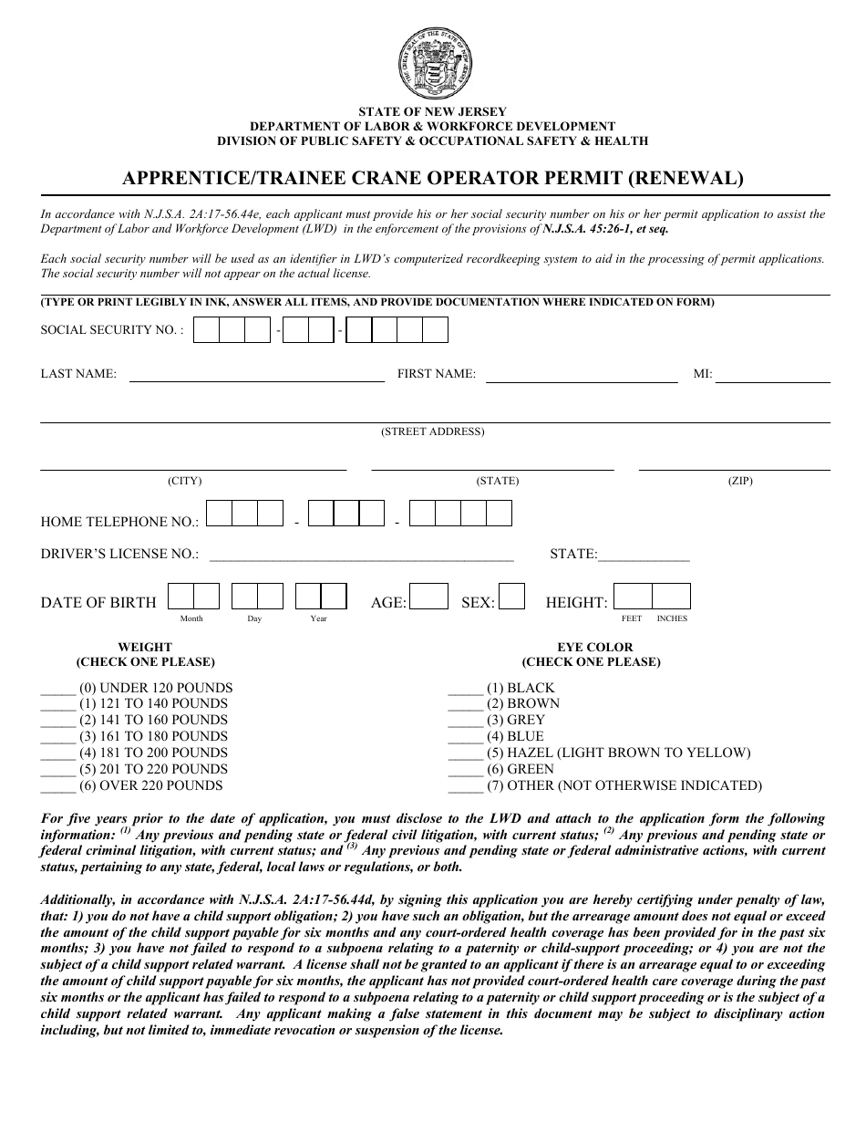 Apprentice / Trainee Crane Operator Permit (Renewal) - New Jersey, Page 1