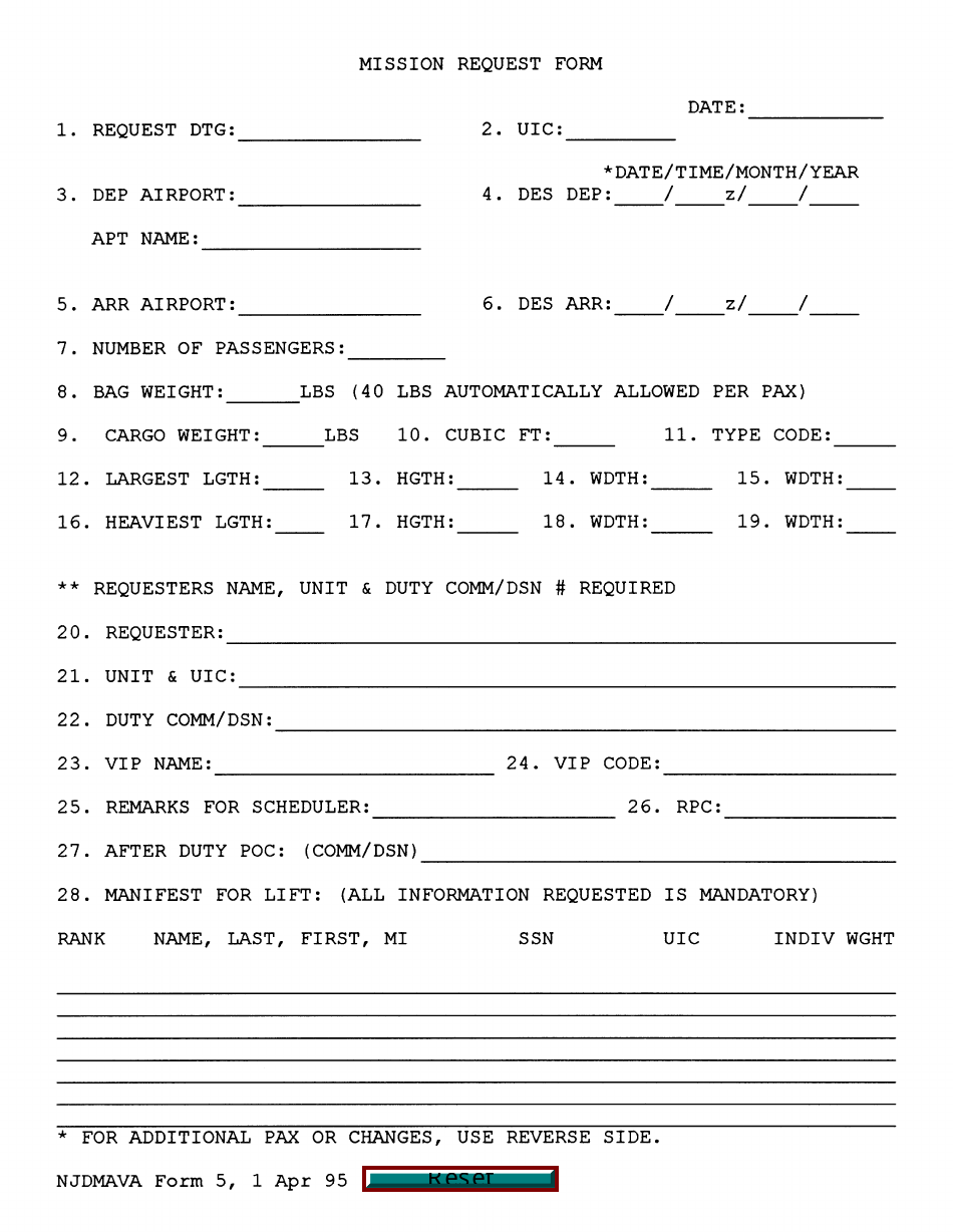 NJDMAVA Form 5 Mission Request Form - New Jersey, Page 1