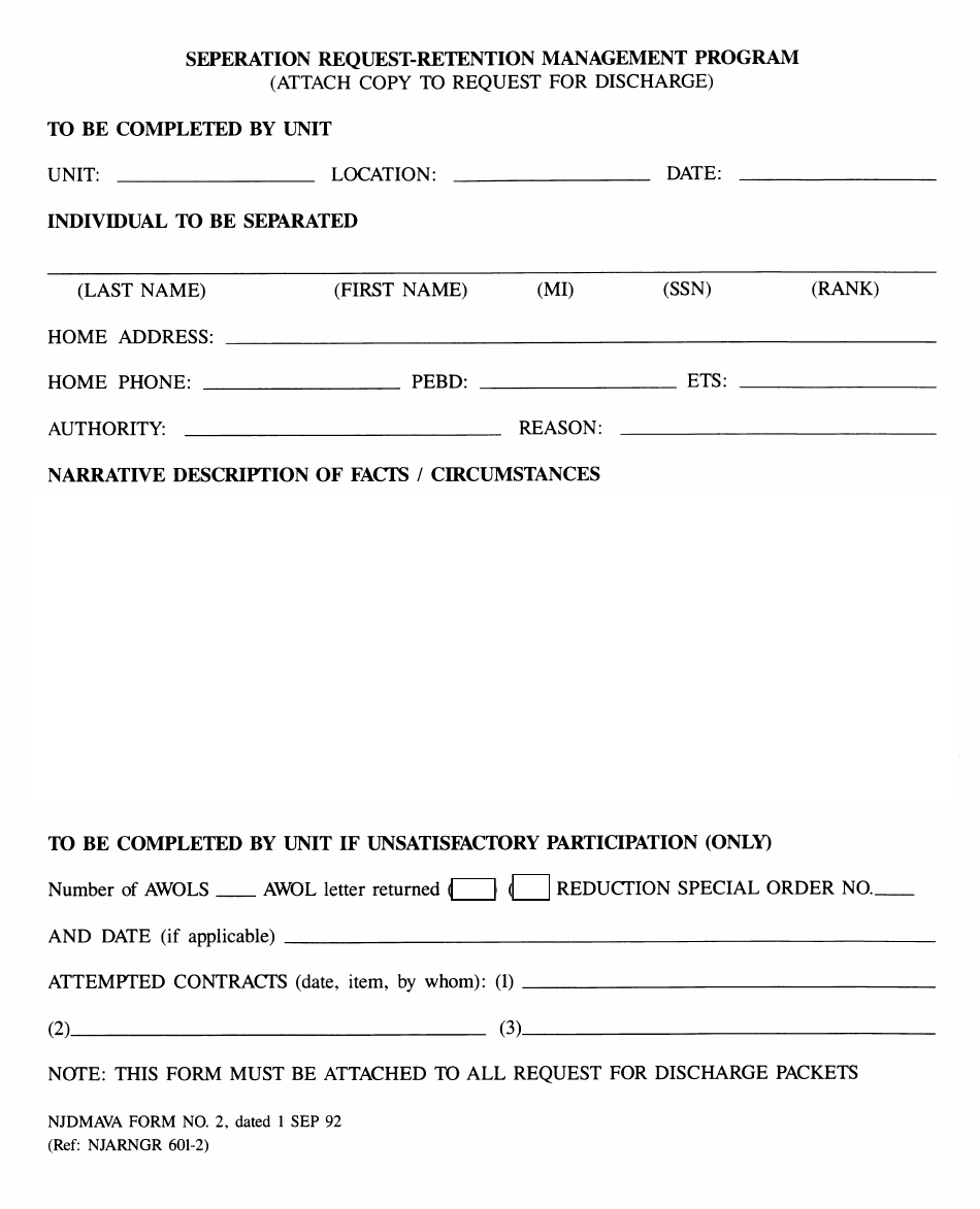 NJDMAVA Form 2 Separation Request-Retention Management Program - New Jersey, Page 1