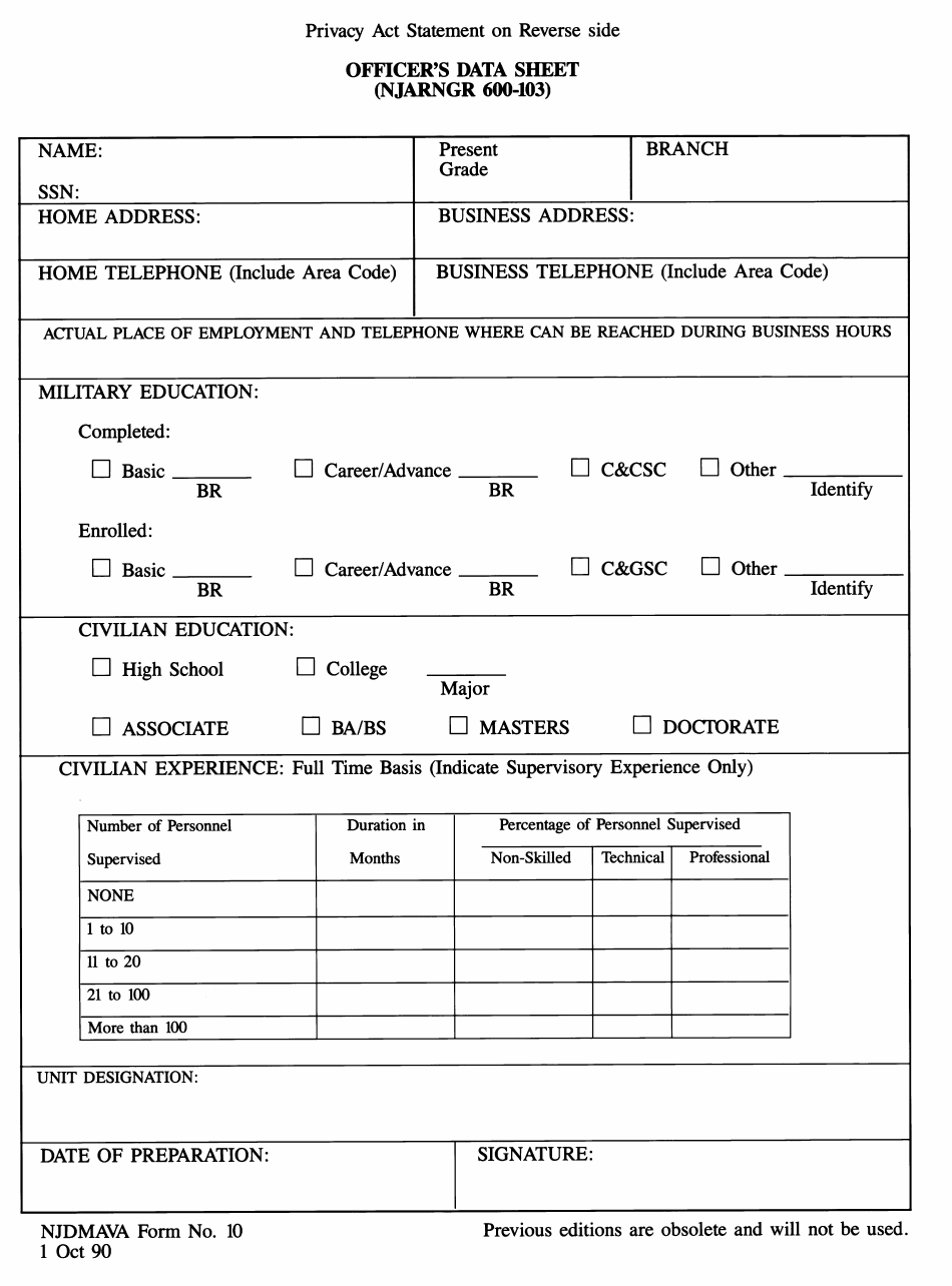 NJDMAVA Form 10 Officers Data Sheet - New Jersey, Page 1