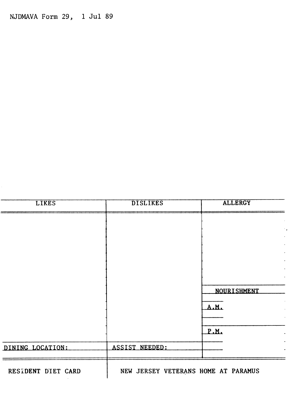 NJDMAVA Form 29 Resident Diet Card - New Jersey, Page 1