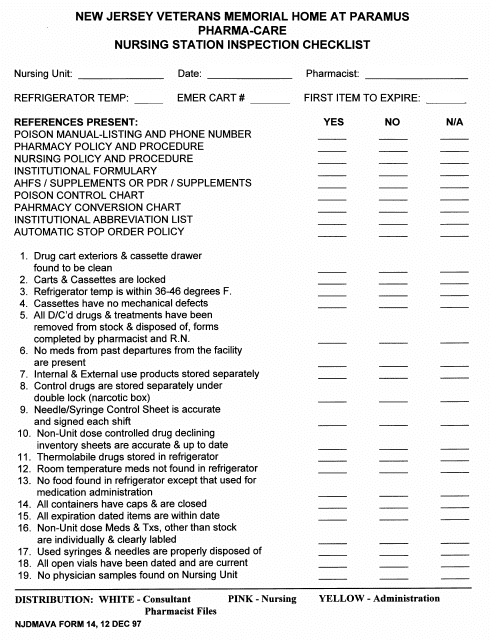 NJDMAVA Form 14 Nursing Station Inspection Checklist - New Jersey