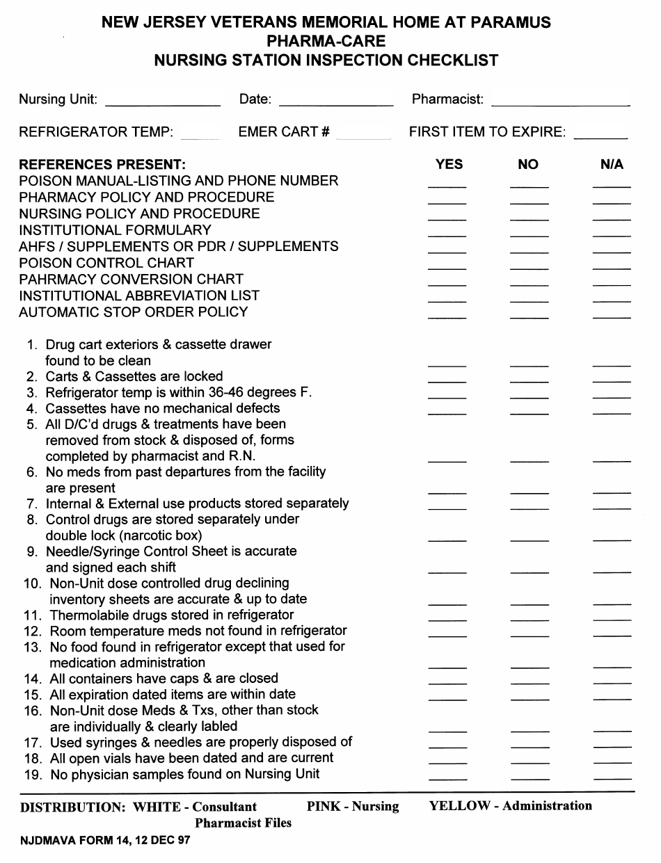 NJDMAVA Form 14 Nursing Station Inspection Checklist - New Jersey, Page 1