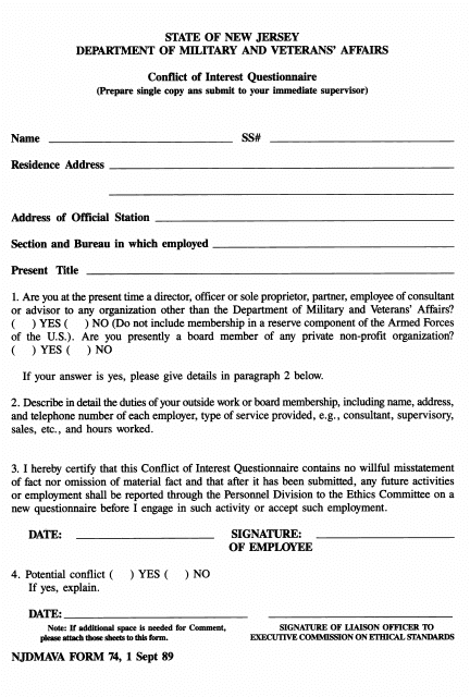 NJDMAVA Form 74 Conflict of Interest Questionnaire - New Jersey